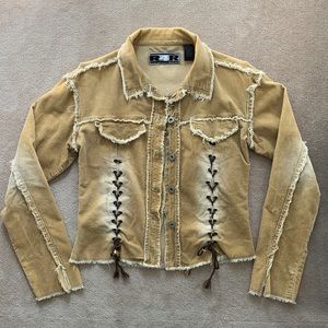 brown lace up y2k distressed jacket!